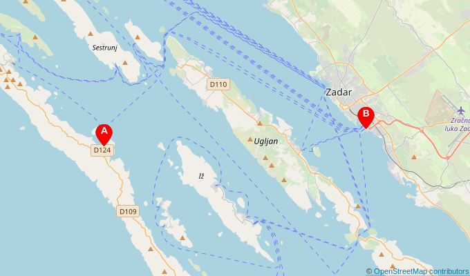 Map of ferry route between Brbinj and Zadar